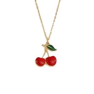 Bright Red Cherry Cherries Enamel Gold Toned Necklace